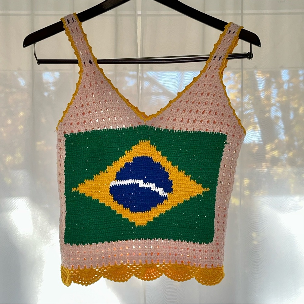 Rare Handmade Crochet/Knit crop Brazilian Flag Knit Tank Pink/Green/Yellow S